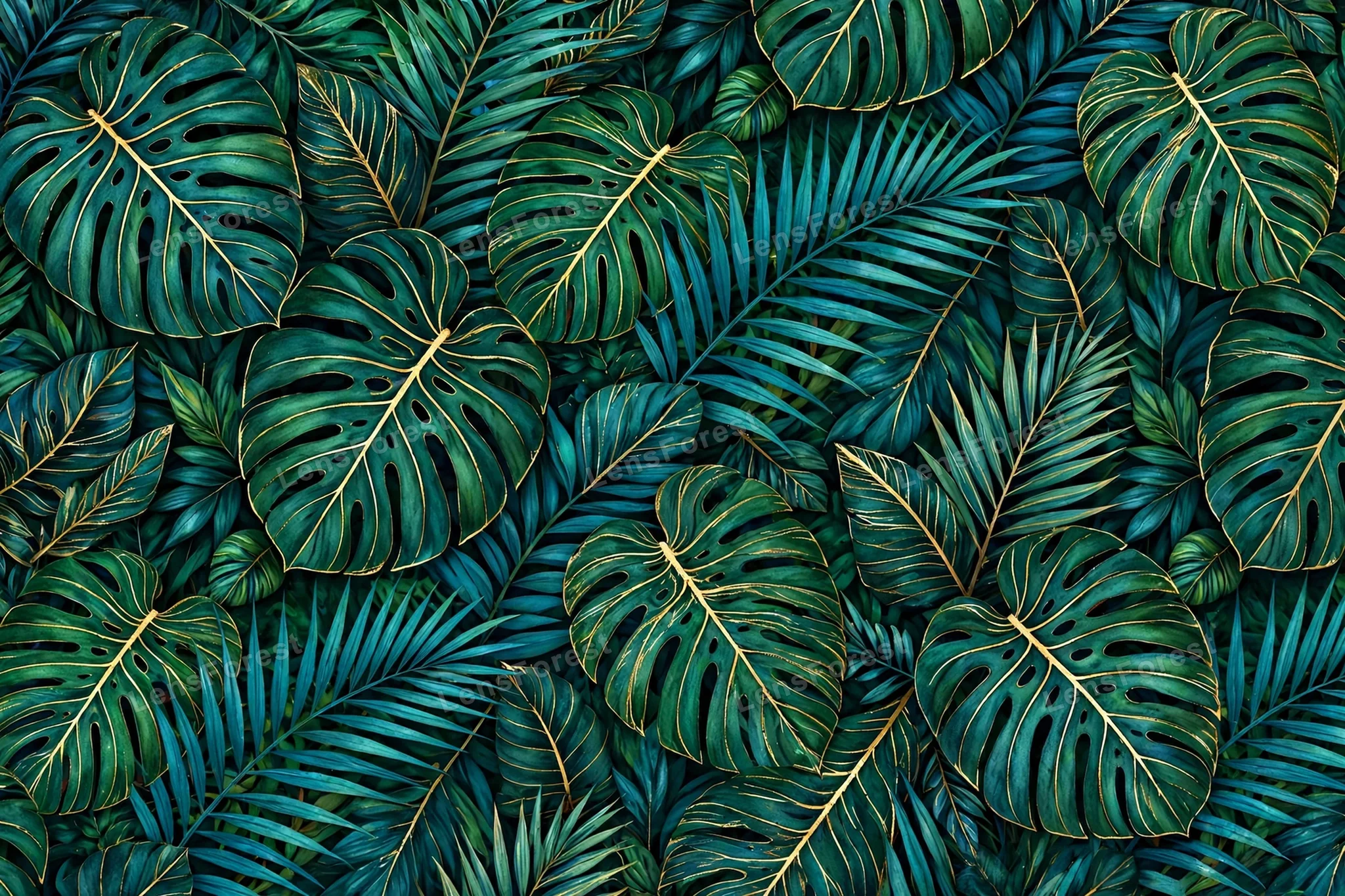 Dense tropical pattern of monstera and palm leaves in deep emerald and teal greens with subtle gold vein accents filling the whole frame