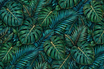 Dense tropical pattern of monstera and palm leaves in deep emerald and teal greens with subtle gold vein accents filling the whole frame