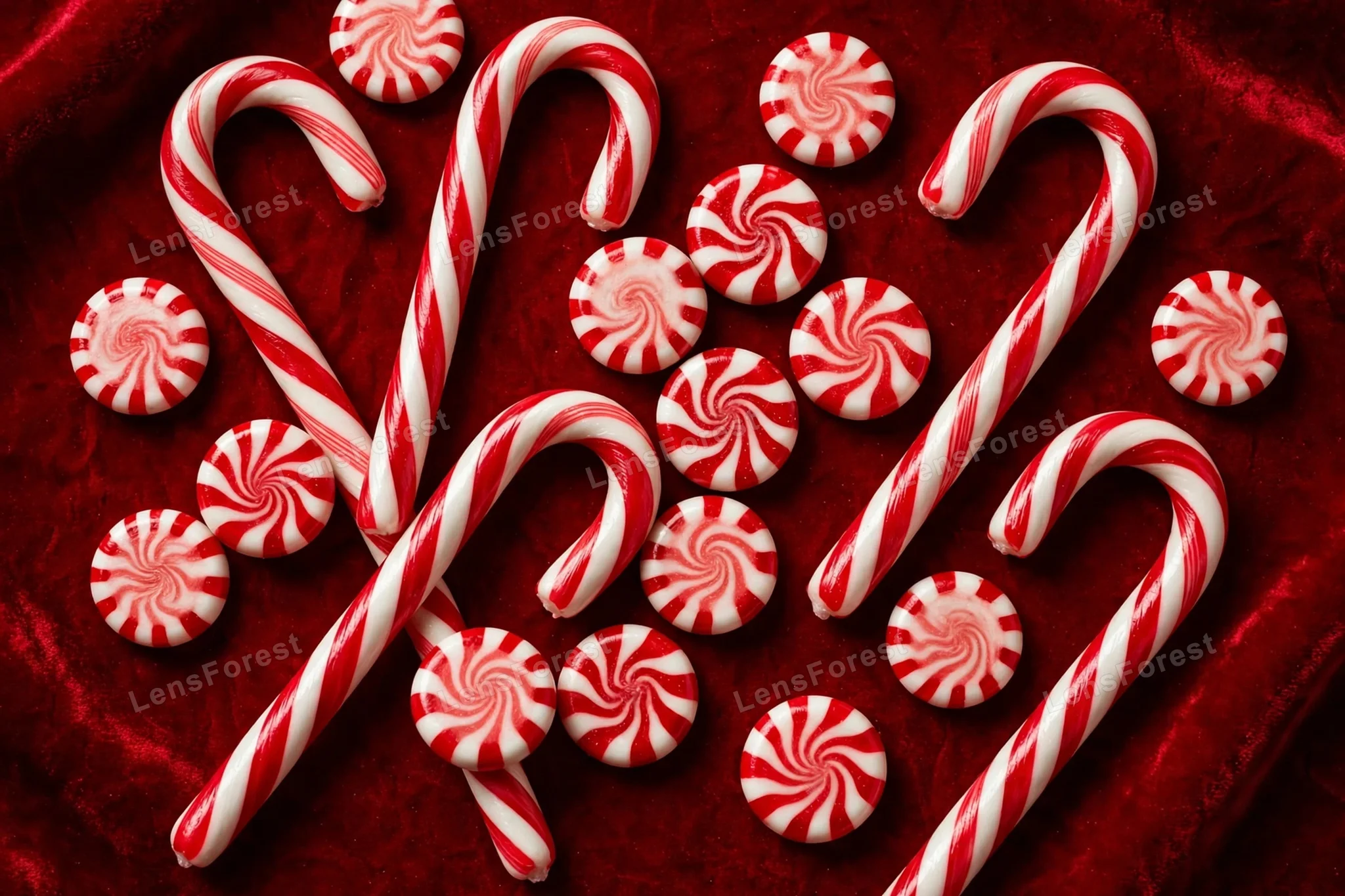 A Christmas flat lay of red and white candy canes and peppermint sweets scattered with pine sprigs and snow-dusted decorations