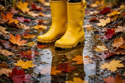 Bright yellow rain boots standing in a shallow puddle surrounded by wet autumn leaves, raindrops rippling the water