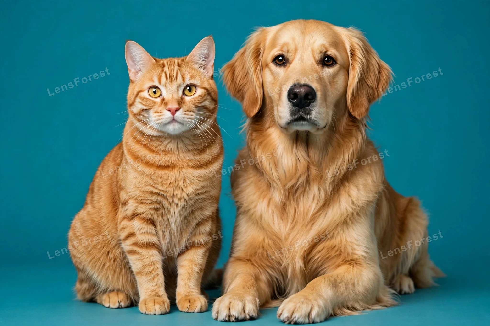 A cat and a dog sitting together in a studio portrait against a bold saturated color background, both looking at the camera