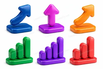 A set of glossy 3D arrows and growth chart icons in bright colors on a clean white background, shiny business graphics