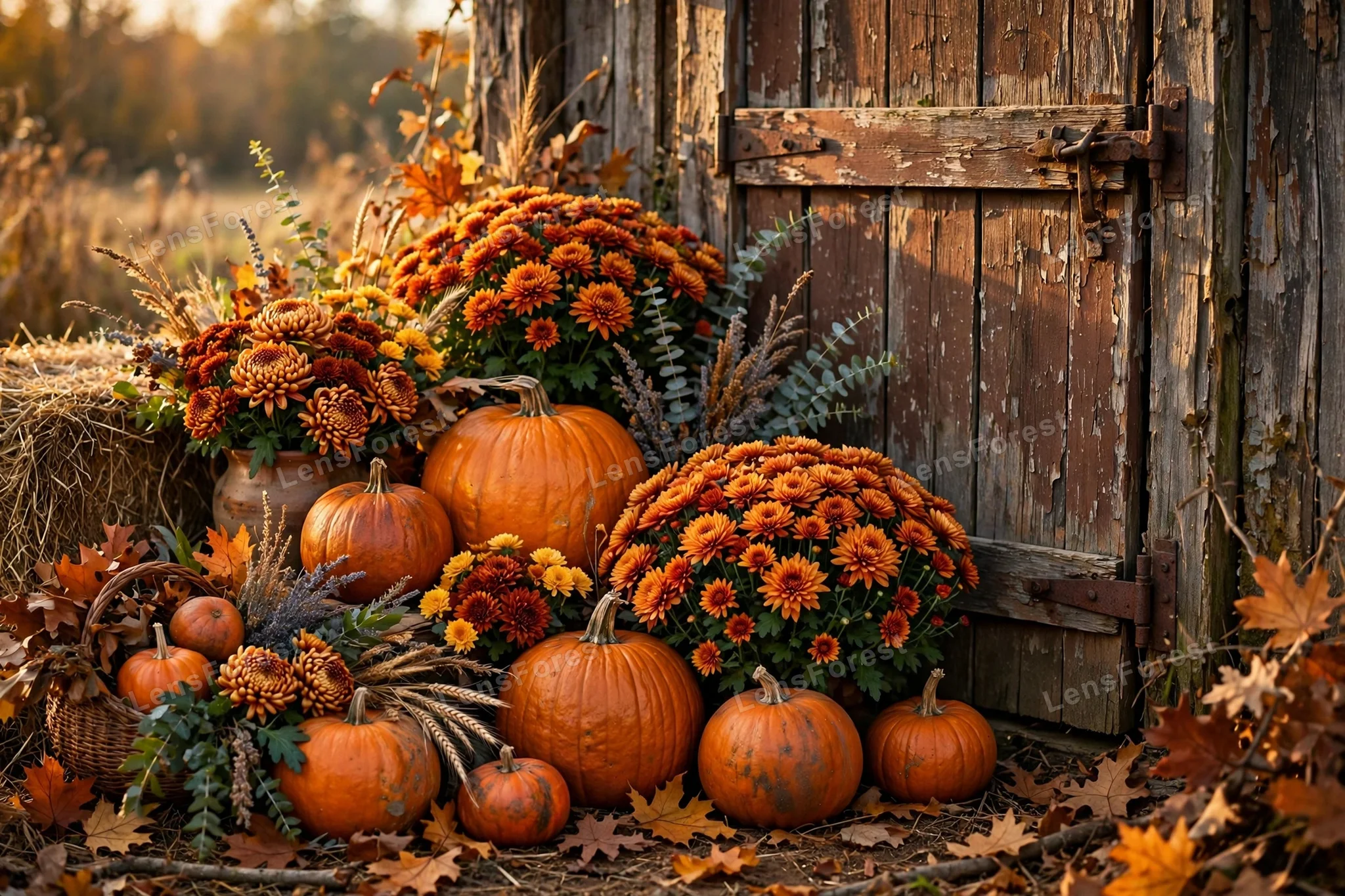 An autumn arrangement of orange pumpkins and colorful mums beside a rustic barn door, with hay bales and fallen leaves