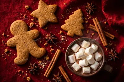 A Christmas flat lay of decorated gingerbread cookies and a mug of hot cocoa with marshmallows on a festive table