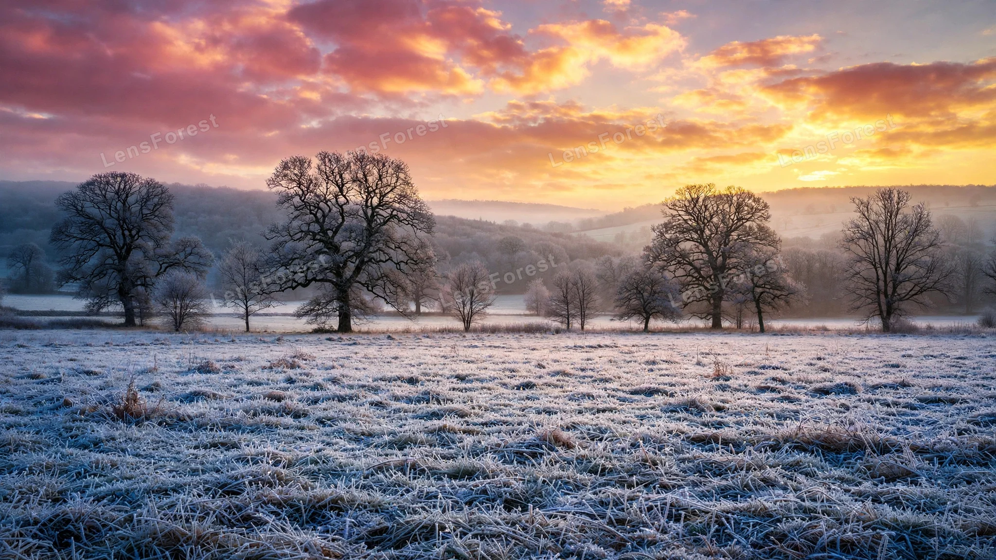 Bare winter trees stand over a field covered in first frost as the sun rises in a pale golden sky