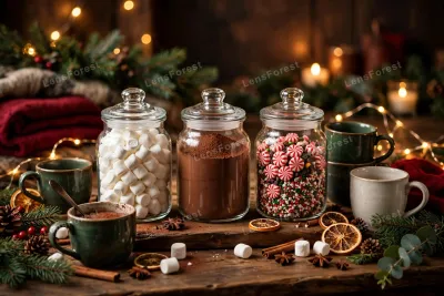 A cozy hot chocolate bar setup with jars of toppings, marshmallows, candy canes and mugs on a festive counter
