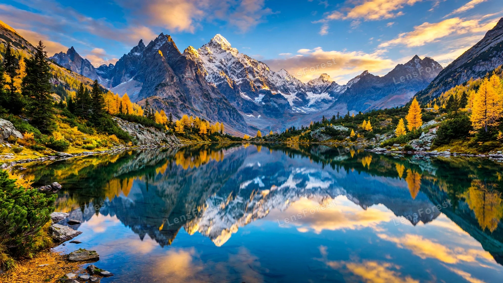 A mountain lake with a perfect mirror reflection of peaks and pine forest, composed wide as a desktop wallpaper