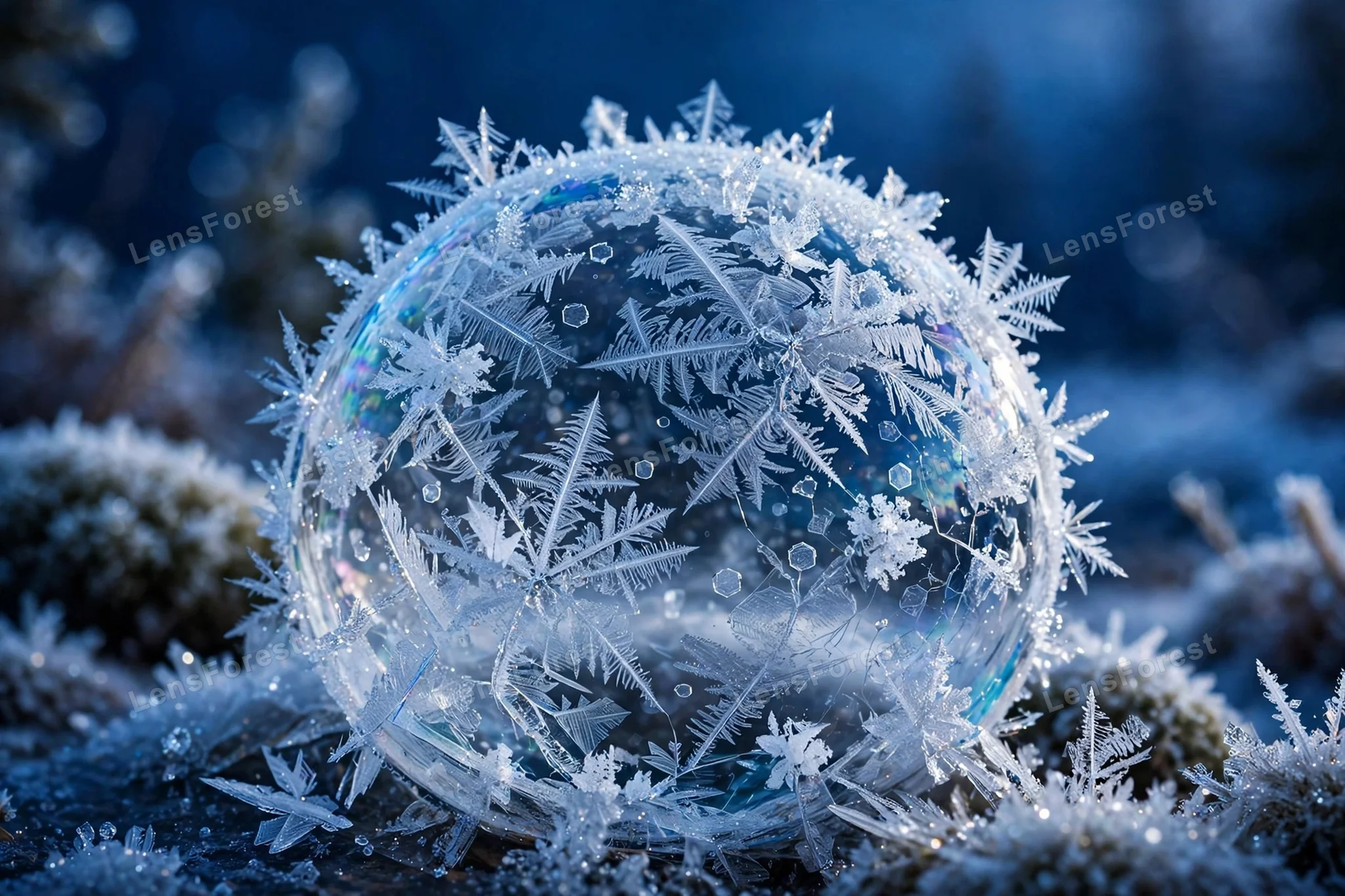 Delicate ice crystals spreading across a frozen soap bubble in a macro photo, sparkling in winter light