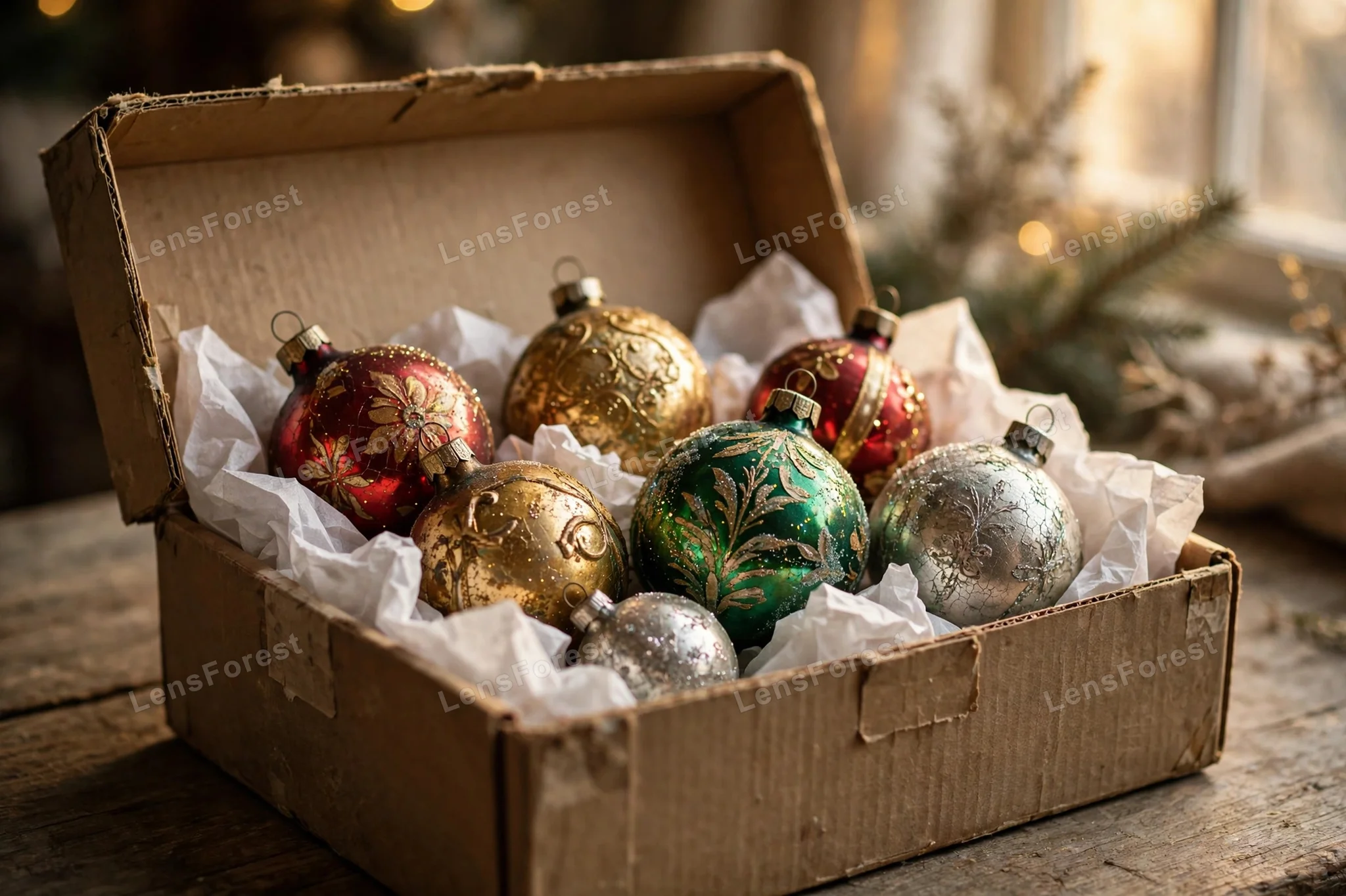 Vintage Christmas ornaments nestled in a box with tissue paper, glass baubles in faded gold and red
