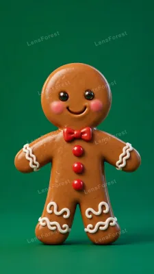 A cute glossy 3D gingerbread man character with icing details, standing on a bold green background, cheerful and shiny