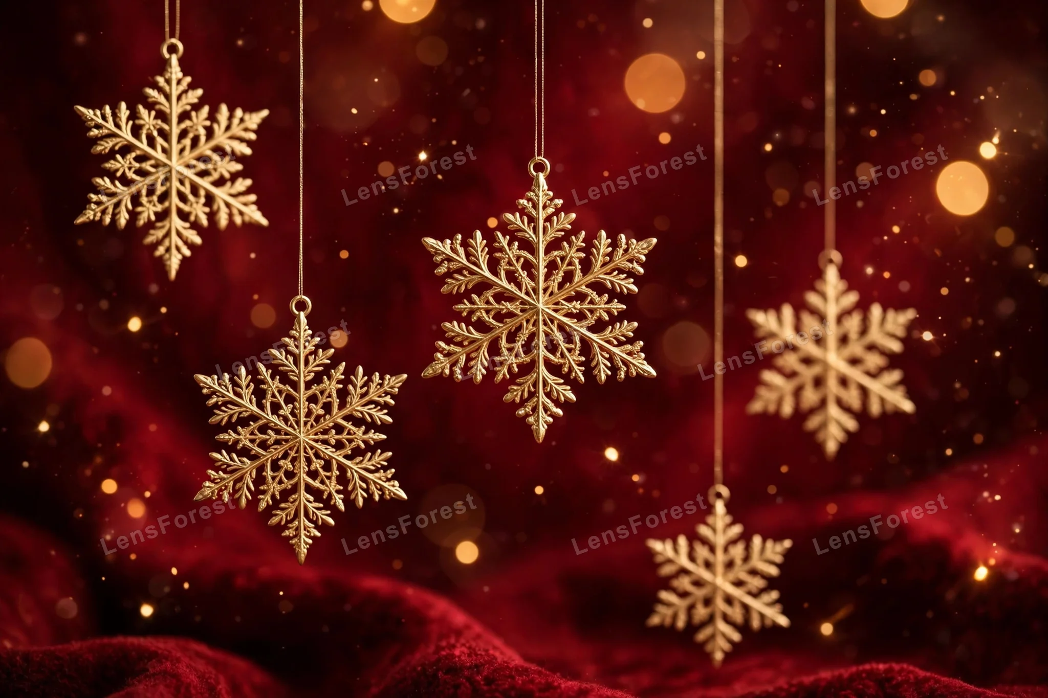 Elegant gold snowflake ornaments hanging against a deep red background with soft festive light