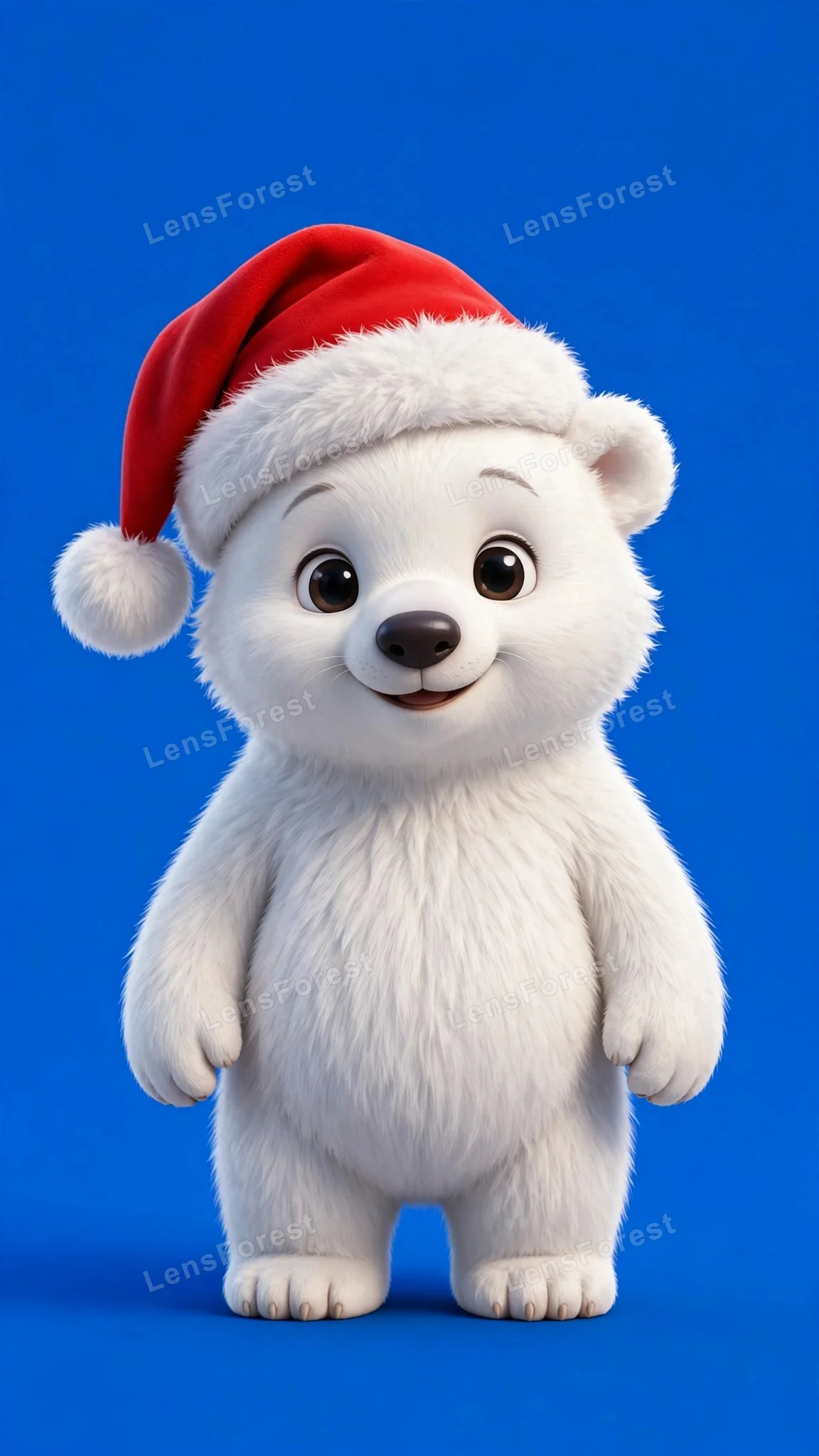 A cute glossy 3D polar bear wearing a Santa hat on a bold blue background, smiling and festive