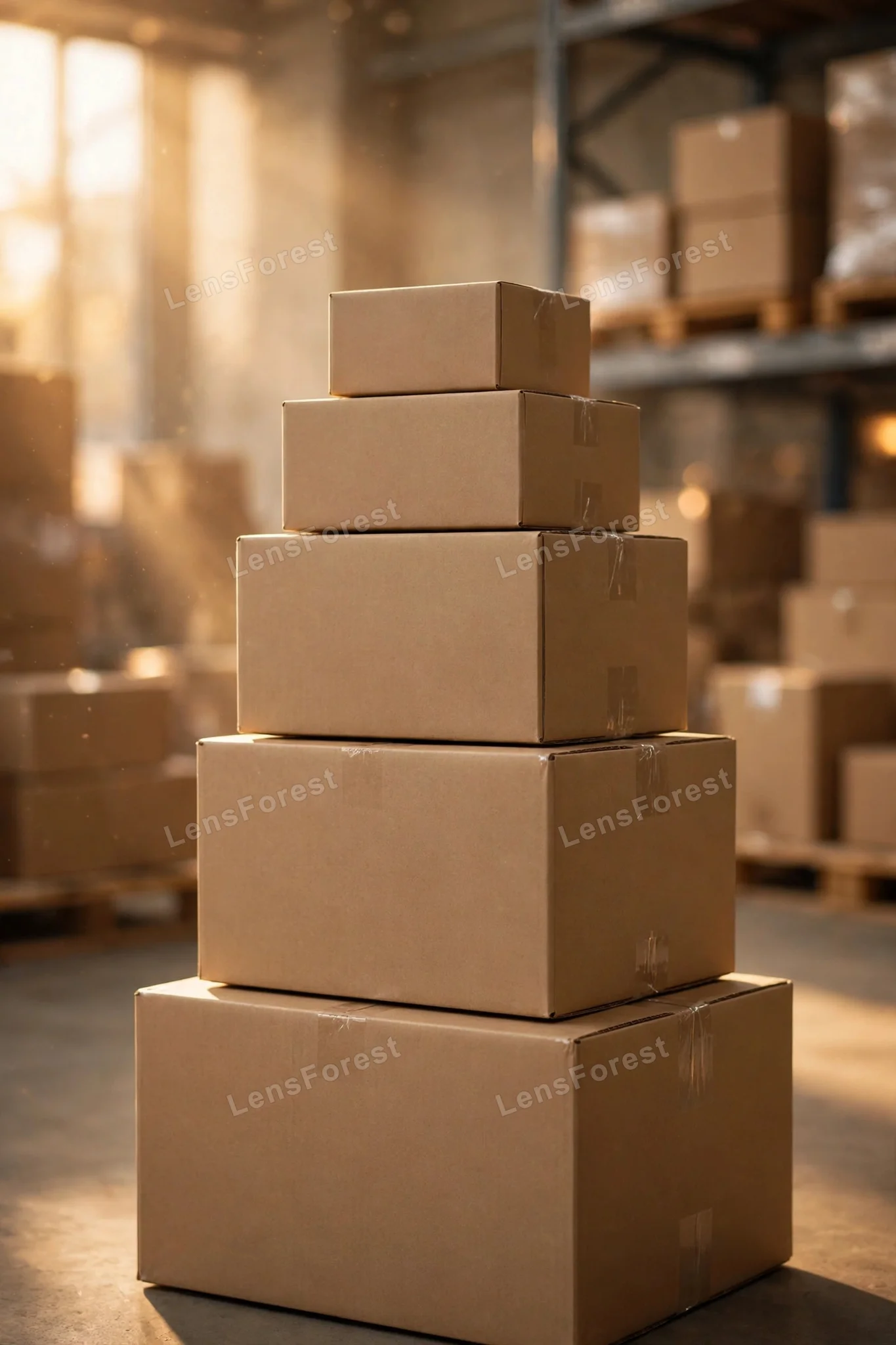 A neat stack of delivery parcels and cardboard boxes ready for shipping, with labels and packing tape