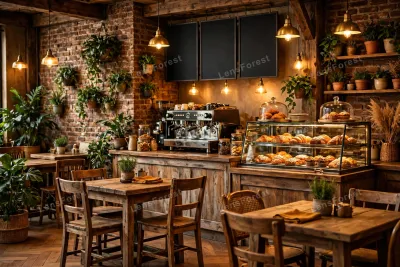A cozy coffee shop interior with wooden tables, warm pendant lighting and a counter of fresh pastries