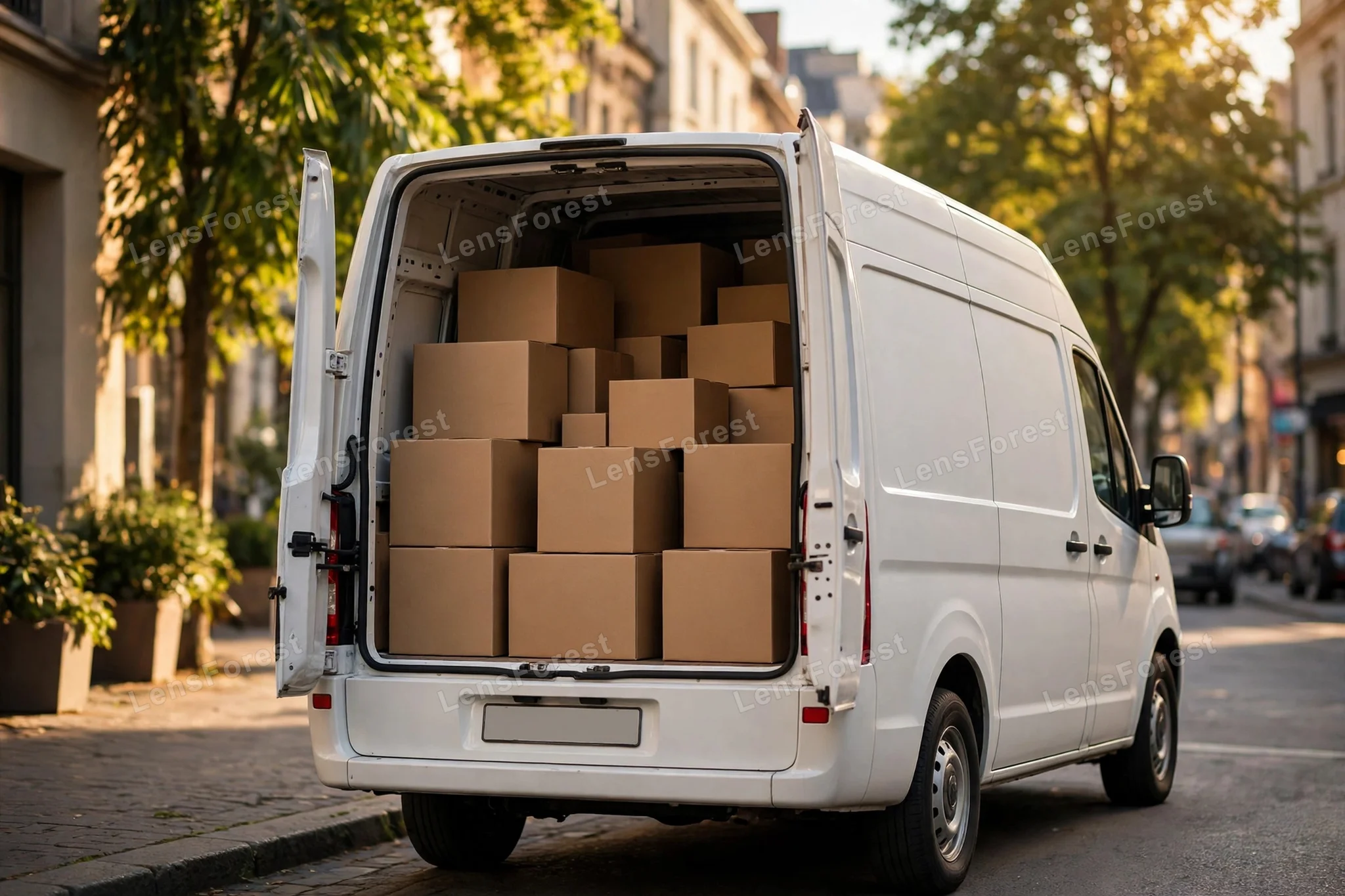 A delivery van loaded with parcels parked on a city street, ready for a day of deliveries