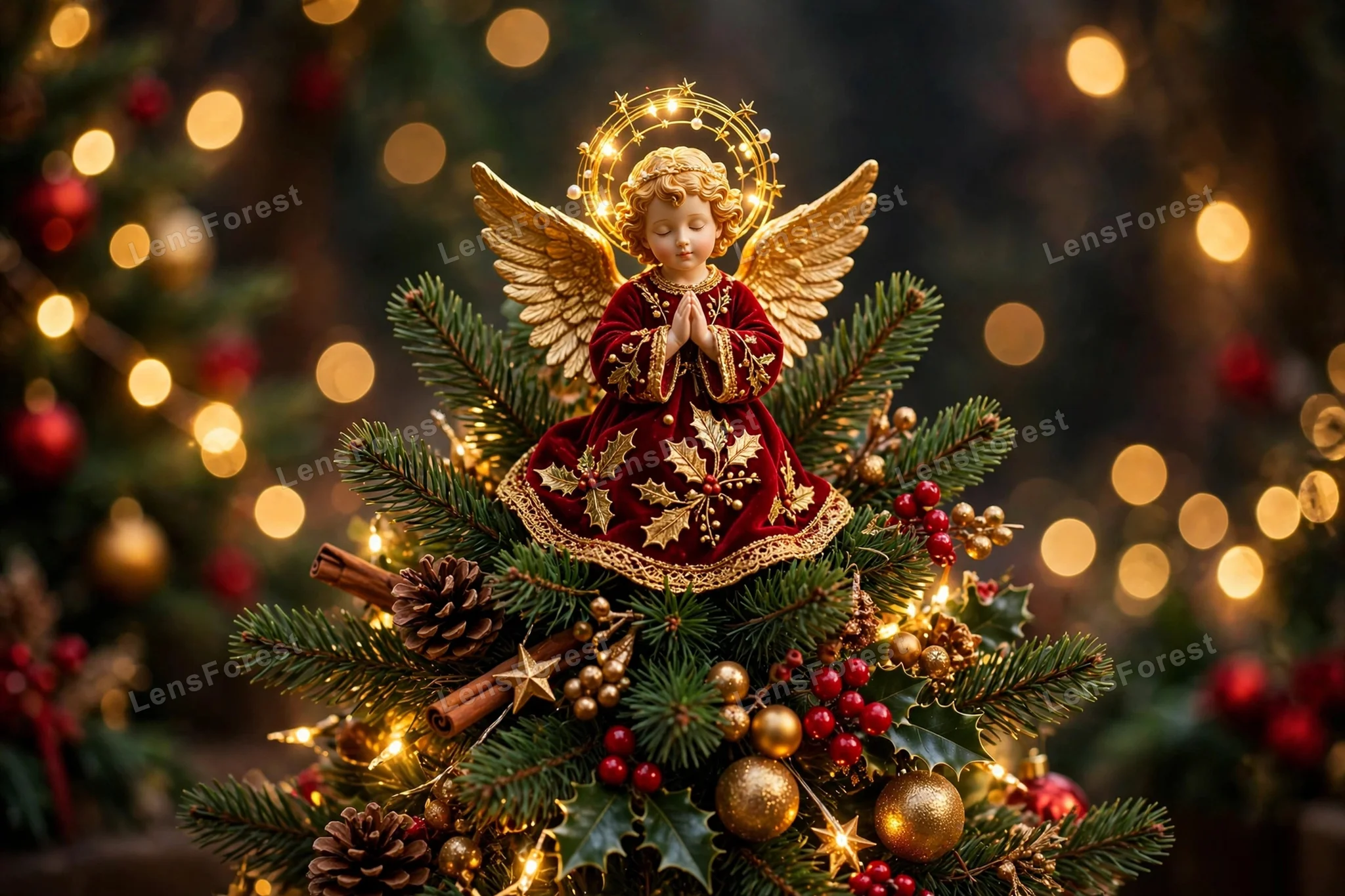 A Christmas angel tree topper crowning a golden decorated tree top with warm lights and ornaments